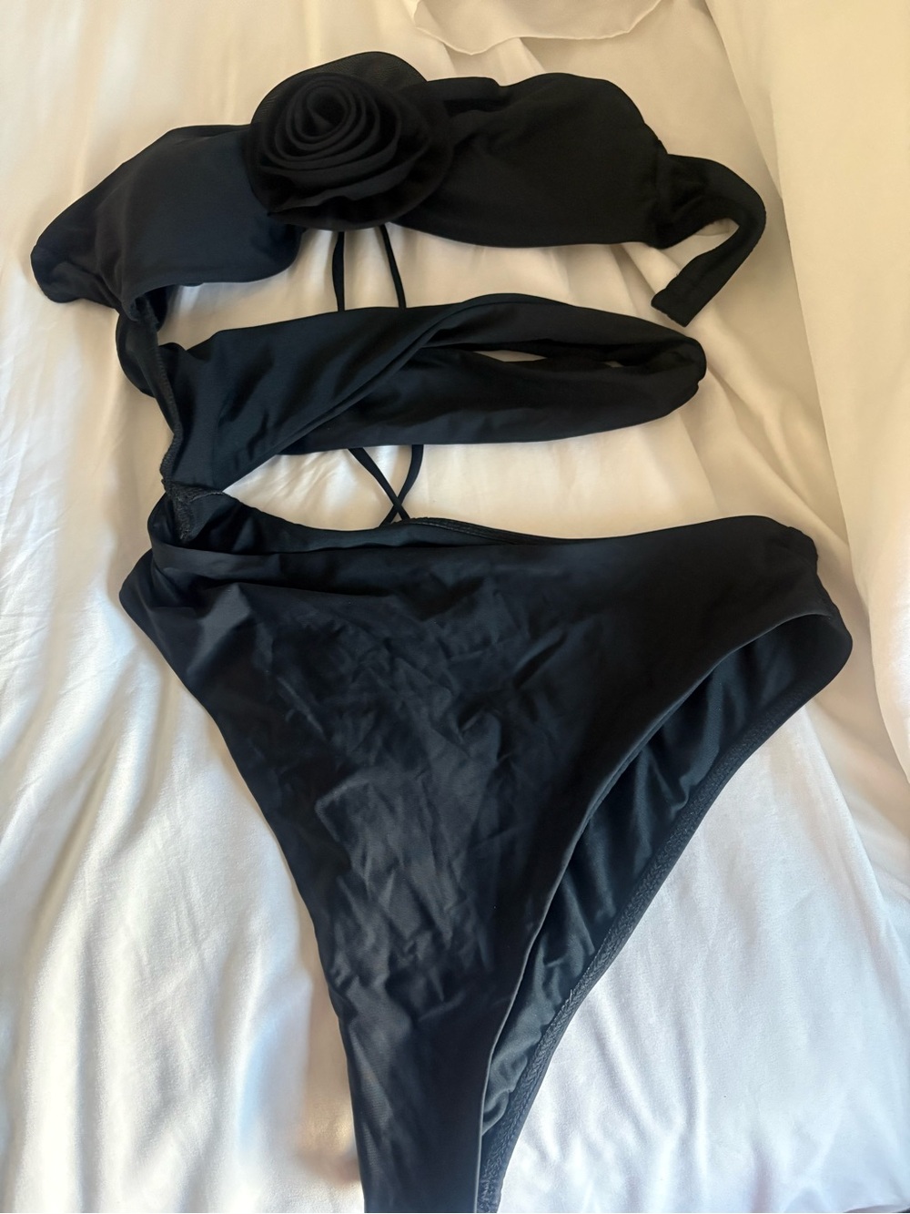 Black Two-Piece Swimsuit with Rose Accent